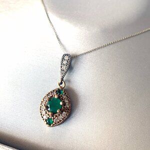 Semiprecious Green Gemstone & Crystal Sterling Silver Necklace